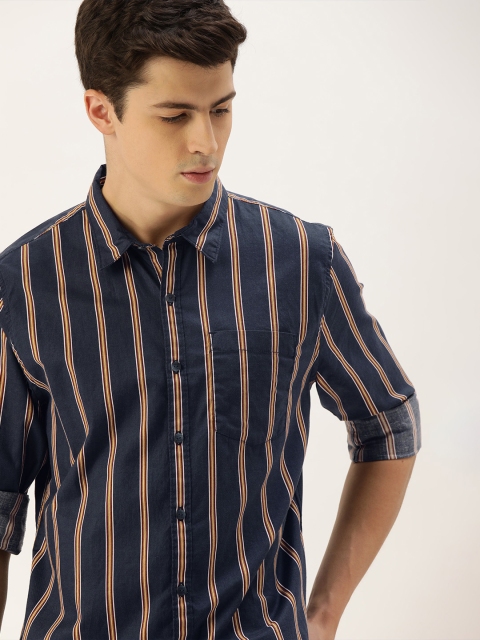 

SINGLE Men Navy Blue & Brown Slim Fit Striped Casual Shirt