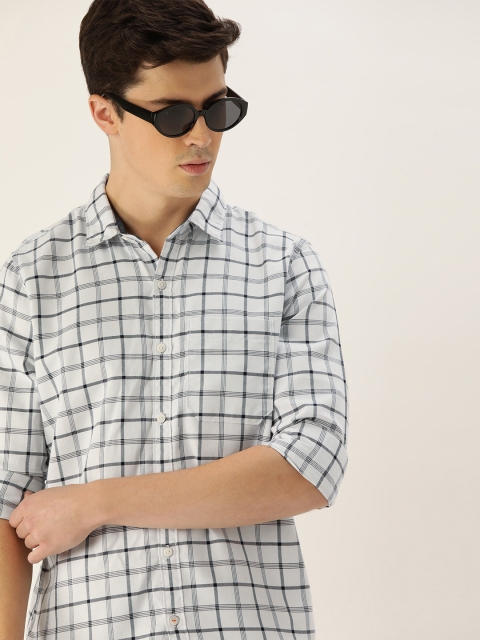 

SINGLE Men White & Navy Blue Slim Fit Checked Casual Shirt