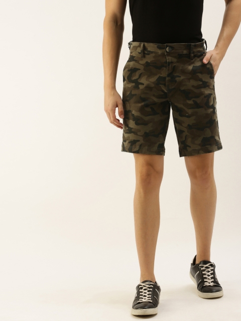 

SINGLE Men Olive Green & Black Printed Slim Fit Chino Shorts