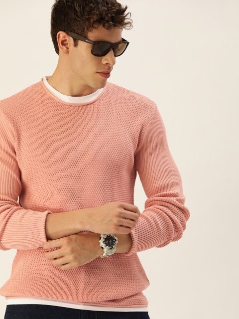 

SINGLE Men Pink Solid Pure Cotton Pullover Sweater