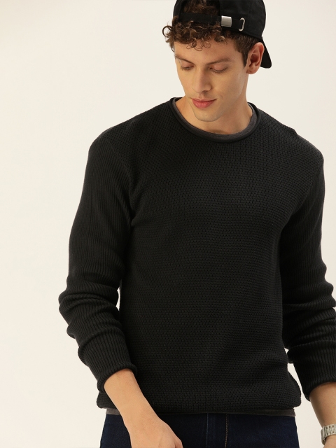 

SINGLE Men Black Solid Pure Cotton Pullover Sweater