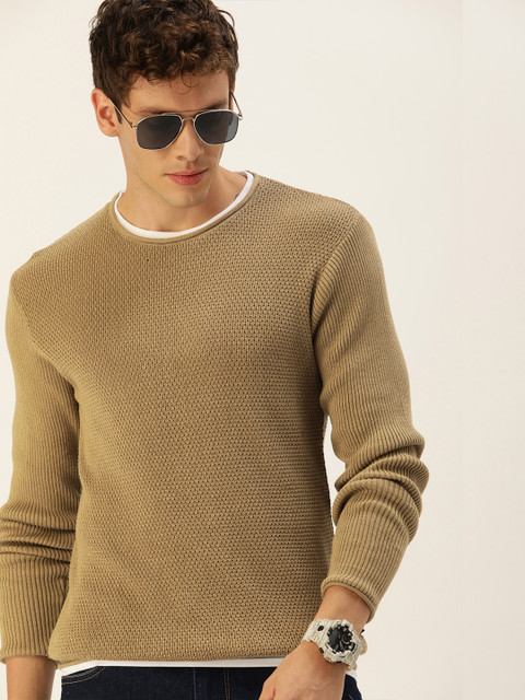 

SINGLE Men Khaki Solid Pure Cotton Pullover Sweater