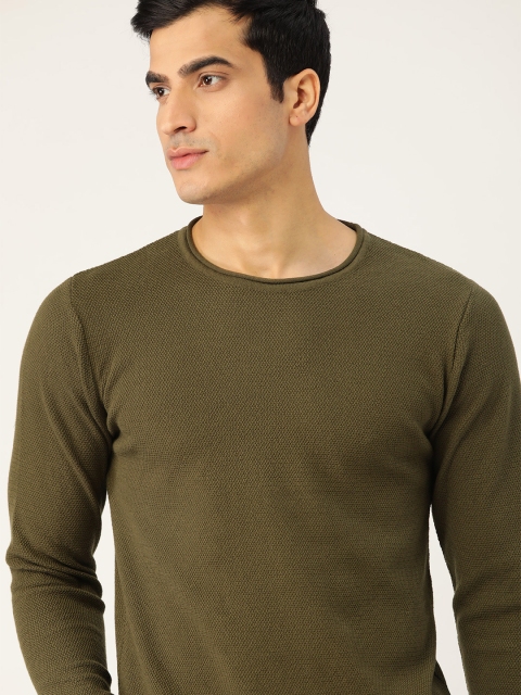 

SINGLE Men Olive Green Pure Cotton Solid Pullover