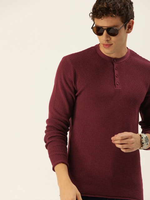 

SINGLE Men Maroon Solid Pure Cotton Pullover Sweater