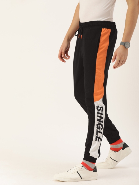 

SINGLE Men Navy Blue Solid Slim Fit Side Printed Joggers, Black