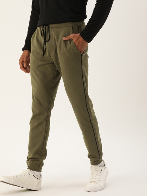 

SINGLE Men Olive Green Solid Regular Fit Joggers With Side Stripes