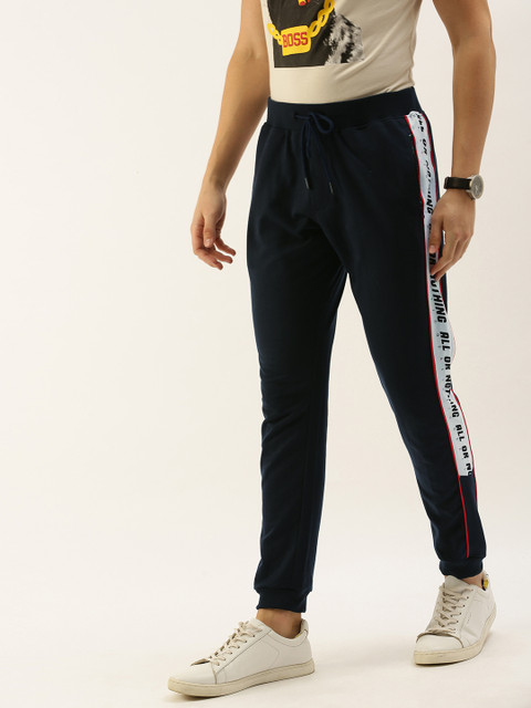 

SINGLE Men Navy Blue Slim Fit Solid Joggers with Side Print