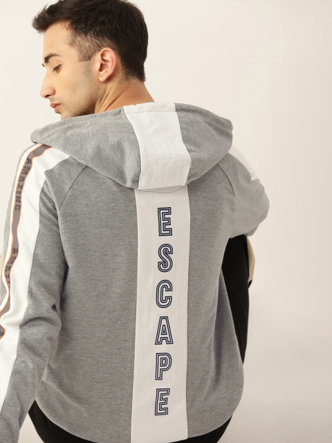 

SINGLE Men Grey Melange Back Printed Hooded Sweatshirt