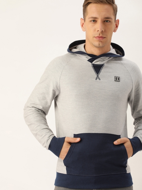 

SINGLE Men Grey Melange & Navy Blue Colourblocked Hooded Sweatshirt