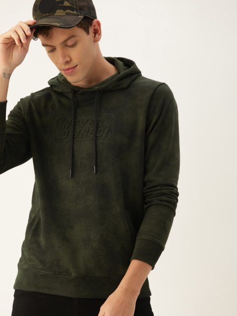

SINGLE Men Olive Green Printed Hooded Sweatshirt With Faded Effect