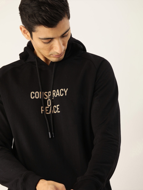 

SINGLE Men Black Printed Hooded Sweatshirt