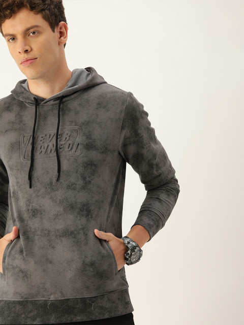 

SINGLE Men Charcoal Grey Printed Hooded Sweatshirt With Faded Effect