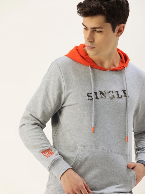 

SINGLE Men Grey Applique Typography Slim Fit Hooded Sweatshirt