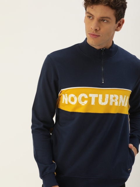 

SINGLE Men Navy Blue & Yellow Printed Slim Fit Sweatshirt