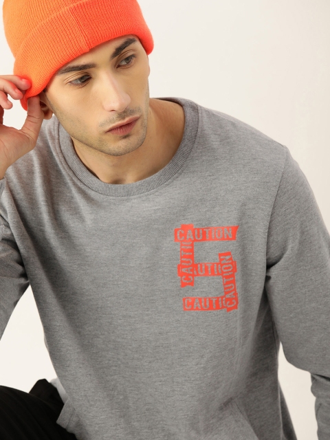 

SINGLE Men Grey Melange Solid Sweatshirt with Printed Detail