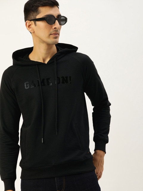 

SINGLE Men Black Slim Fit Printed Hooded Sweatshirt