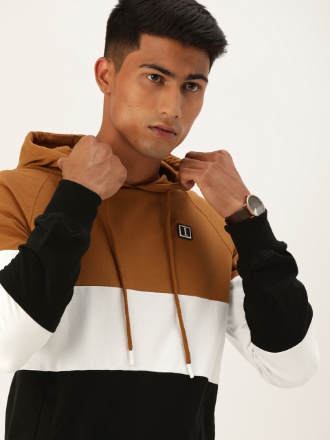 

SINGLE Men Slim Fit Tan Brown & Black Colourblocked Hooded Pullover Sweatshirt