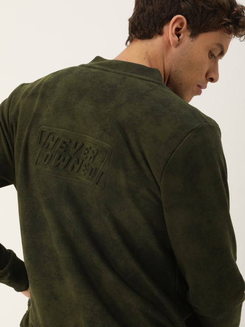 

SINGLE Men Olive Green Solid Sweatshirt with Embossed Details