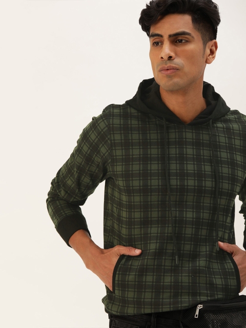 

SINGLE Men Olive Green & Black Checked Hooded Sweatshirt