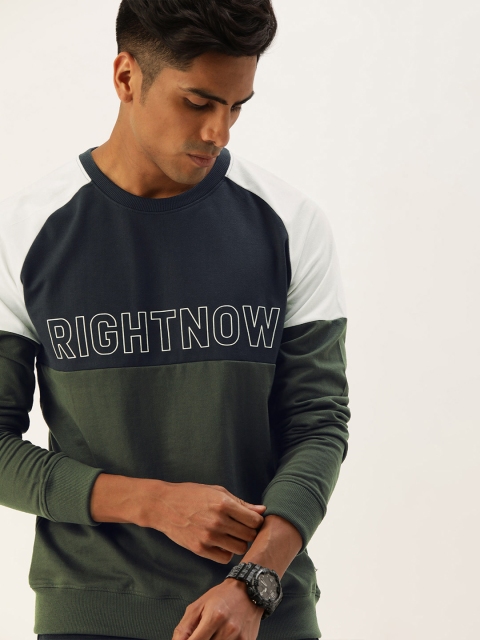 

SINGLE Men Olive Green & Black Colourblocked Sweatshirt