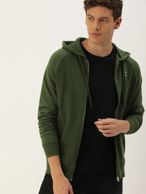 

SINGLE Men Olive Green Solid Hooded Slim Fit Sweatshirt