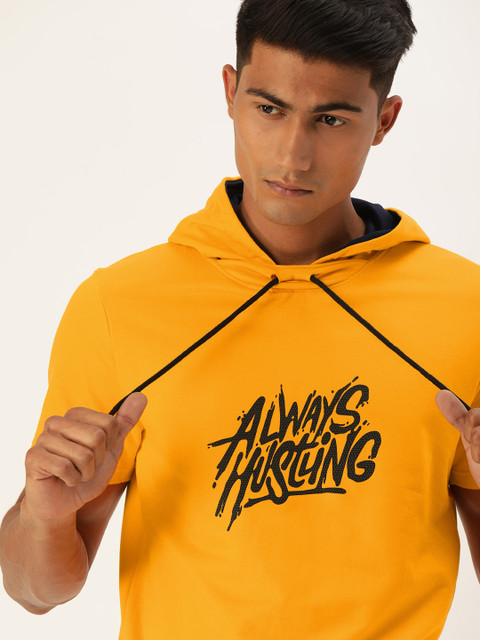 

SINGLE Men Slim Fit Mustard Yellow Printed Hooded Pullover Sweatshirt