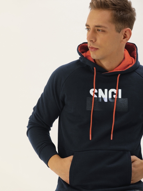 

SINGLE Men Navy Blue Printed Hooded Pullover Sweatshirt