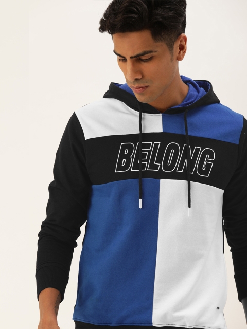 

SINGLE Men Navy Blue & White Colourblocked Slim Fit Hooded Sweatshirt