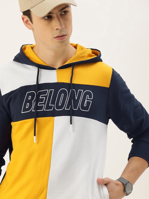 

SINGLE Men Mustard Yellow & White Colourblocked Slim Fit Hooded Sweatshirt