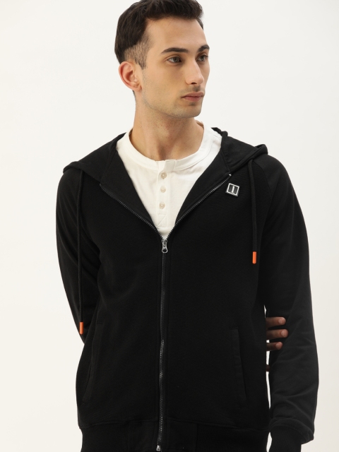 

SINGLE Men Black Self Design Hooded Sweatshirt