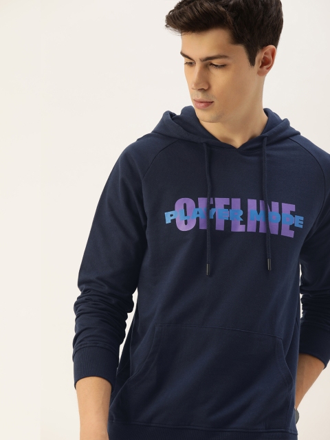 

SINGLE Men Navy Blue Printed Slim Fit Hooded Sweatshirt