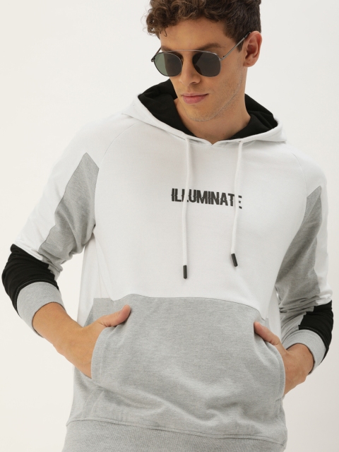 

SINGLE Men White & Grey Colourblocked Slim Fit Hooded Sweatshirt