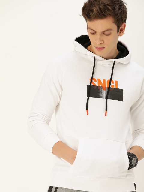 

SINGLE Men White & Black Brand Logo Print Hooded Sweatshirt