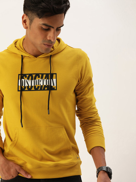 

SINGLE Men Mustard Yellow Printed Hooded Sweatshirt