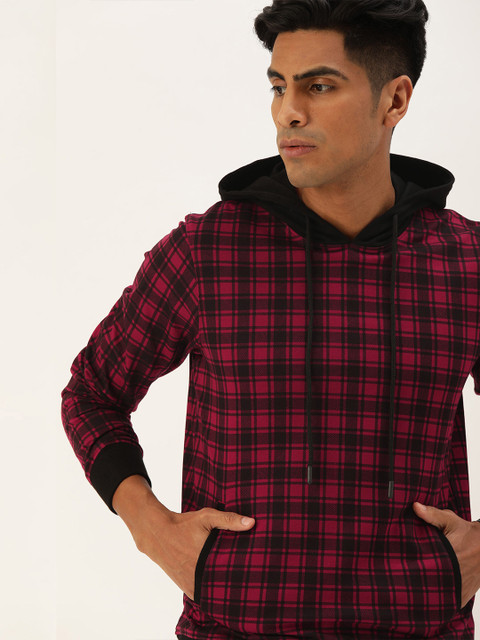 

SINGLE Men Maroon & Black Checked Hooded Sweatshirt