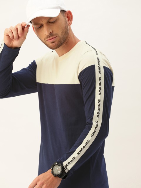 

SINGLE Men Navy Blue & White Colourblocked Round Neck T-shirt