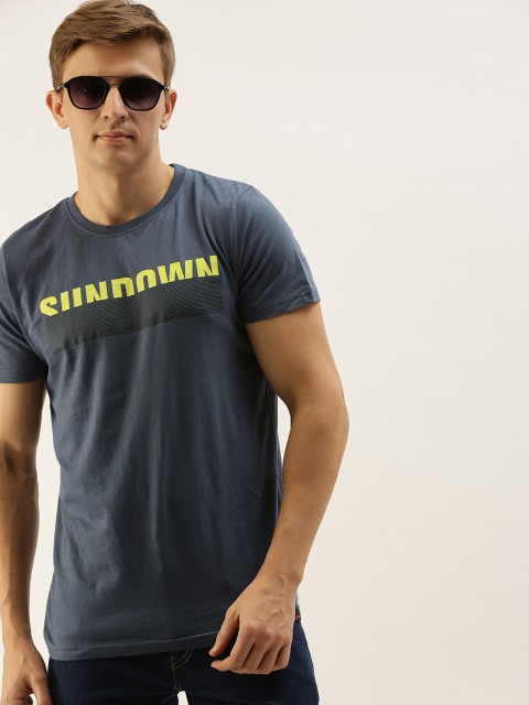 

SINGLE Men Navy Blue & Yellow Printed Detail Round Neck T-shirt