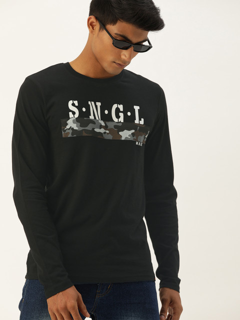 

SINGLE Men Black Striped Round Neck Pure Cotton T-shirt