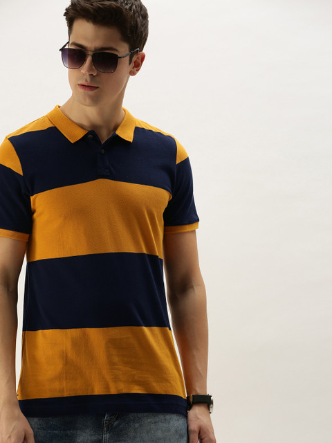 

SINGLE Men Mustard Yellow & Navy Blue Striped Slim Fit Polo Collar T-shirt