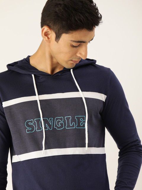 

SINGLE Men Navy Blue Printed Hooded T-shirt