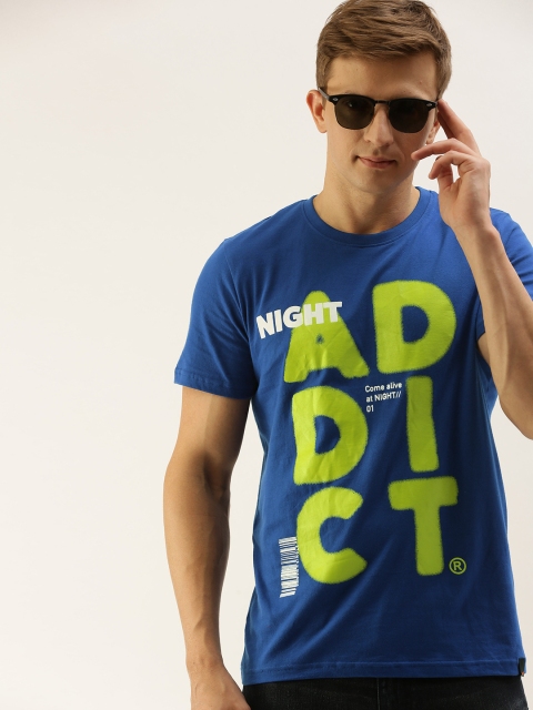

SINGLE Men Navy Blue & Florescent Green Typography Print Round Neck T-shirt