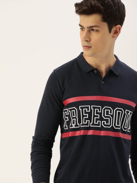 

SINGLE Men Navy Blue Printed Slim Fit Polo Collar Pure Cotton T-shirt