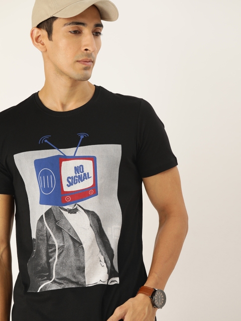 

SINGLE Men Black Printed Round Neck T-shirt