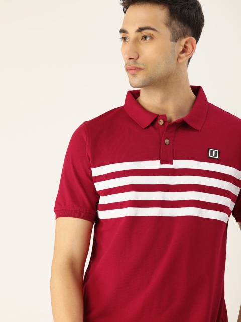 

SINGLE Men Red & White Striped Polo Collar T-shirt