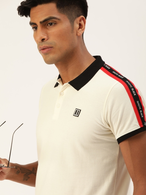 

SINGLE Men Off-White Solid Slim Fit Contrast Polo Collar T-shirt