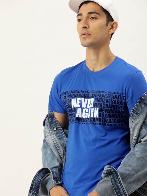 

SINGLE Men Blue Printed Round Neck T-shirt