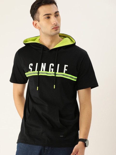 

SINGLE Men Black Printed Hooded T-shirt