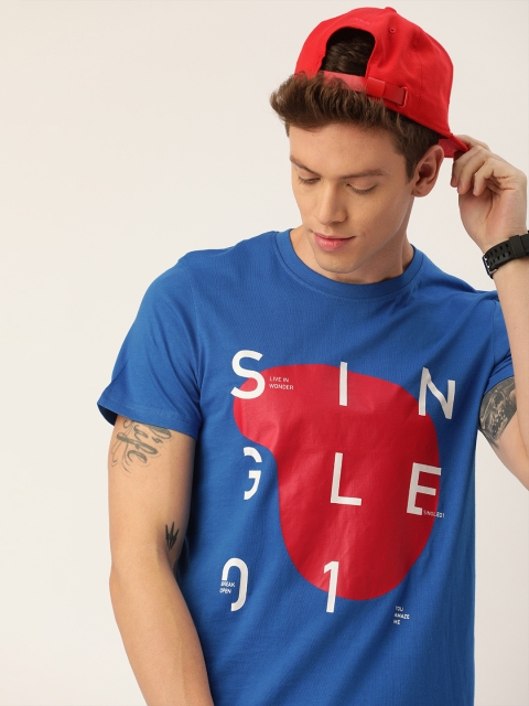 

SINGLE Men Blue Printed Slim Fit Round Neck Pure Cotton T-shirt