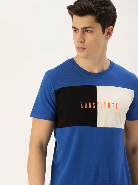 

SINGLE Men Blue Black Colourblocked Slim Fit Round Neck With Printed Detailing