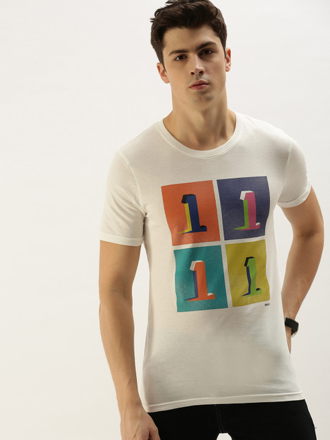 

SINGLE Men White Printed Slim Fit Round Neck T-shirt